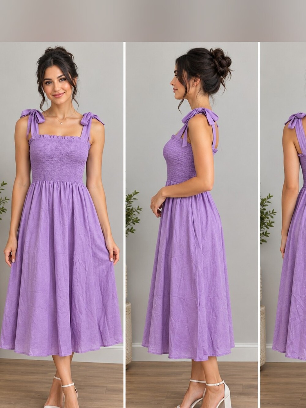 Lilac self tie-Shoulder Smocked Midi Dress